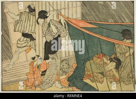 Les femmes à l'intérieur d'une moustiquaire pendant un orage, de l'illustré livre 'Photo Book : Fleurs des Quatre Saisons (Ehon shiki no hana), 1'. Kitagawa Utamaro ? ? ?  ? ? ; Japonais, 1753 ( ?)-1806. Date : 1801. Dimensions : . Gravure sur bois en couleur, double-page illustration de livre. Origine : Japon. Musée : le Chicago Art Institute. Banque D'Images