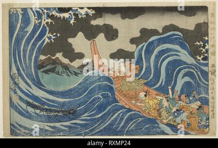 Casting un mantra sur les vagues à Kakuta sur son exil à l'île de Sado (Sashu rukei Kakuta nami daimoku), de la série 'concis biographie illustrée du Grand Prêtre [] Nichiren (Koso rendez ichidai ryakuzu)'. Utagawa Kuniyoshi, Japonais, 1797-1861. Date : 1825-1840. Dimensions : 23,4 x 36,8 cm (9 3/16 x 14 1/2 in.). Gravure sur bois en couleur ; Oban. Origine : Japon. Musée : le Chicago Art Institute. Banque D'Images