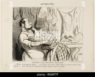 À l'intérieur d'une boucherie à Paris. "Venez sur mon cher..... Je sais qu'il est difficile de vendre notre boeuf aussi bon marché que que..... mais ce n'est pas une raison pour pleurer comme un veau !", à partir de la plaque 75 Actualités. Honoré Daumier Victorin ; français, 1808-1879. Date : 1851. Dimensions : 200 × 261 mm (image) ; 262 × 245 mm (feuille). Lithographie en noir sur papier vélin ivoire. Origine : France. Musée : le Chicago Art Institute. Auteur : Honoré-Victorin Daumier. Banque D'Images