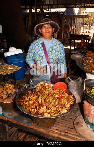 Cambodge, Phnom Penh, Oudong, marché, femme vendant de petits crabes épicé avec oignons et piments Banque D'Images