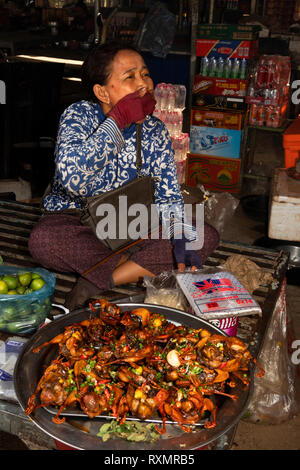 Cambodge, Phnom Penh, Oudong, l'alimentation, le marché de la viande de brousse, décrochage femme vendant de petits oiseaux cuit avec oignons et piments Banque D'Images