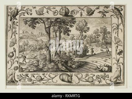L'ennemi de semer l'ivraie parmi le blé, des paysages avec des scènes de l'Ancien et du Nouveau Testament et des scènes de chasse. Adriaen Collaert (flamand), ch. 1560-1618) ; après Hans Bol (flamand, 1535-1593) ; publié par Anna van Hoeswinckel (flamand). Date : 1584. Dimensions : 143 × 200 mm (image/soutien primaire, parés à l'intérieur d'une plaque marque) ; 176 × 238 mm (support secondaire). Gravure en noir sur papier vergé crème, fixées sur papier vergé crème. Origine : la Flandre. Musée : le Chicago Art Institute. Auteur : Adriaen Collaert. II Banque D'Images
