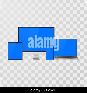 Maquette jeu gadget. Ordinateur portable périphériques réalistes et surveiller, téléphone mobile et tablette pour votre bannière et présentation. Vector illustration isolé sur tr Illustration de Vecteur