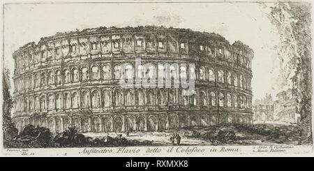 Amphithéâtre Flavien, appelé le Colisée. 1. Arc de Constantin. 2. Colline du Palatin, la plaque 12 de certaines vues d'arcs de triomphe et autres monuments. Giovanni Battista Piranesi, italien, 1720-1778. Date : 1747-1748. Dimensions : 126 x 269 mm (image) ; 134 x 271 mm (plaque) ; 341 x 461 mm (feuille). Gravure sur papier vergé ivoire. Origine : Italie. Musée : le Chicago Art Institute. Banque D'Images