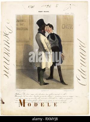 Robert : '- eh bien, eh bien ! Mon cher directeur... comment ?" Bertrand : '- bon, très bon, je suis bien content. Malheureusement, nous n'avons pas un sou pour continuer ! - Oh bonheur ! - Mais un investisseur nous doit encore 200 000 francs... et viendra jusqu'à la signature ce soir ou plus tard demain matin. - Sur le temps... J'ai urgemment besoin d'une nouvelle paire de bottes, plaque 6' de Robert Macaire. Honoré Daumier Victorin (Français, 1808-1879) ; modèle de Édouard Bouvenne (français, actif 19e siècle). Date : 1841. Dimensions : 357 × 277 mm. Lithographie, avec l'aquarelle, rehaussée de gomme arabique sur papier vélin ivoire. Originaux Banque D'Images