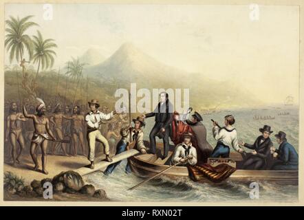 La réception de l'abbé J. Williams, à Tanna dans les mers du Sud, la veille du jour où il a été massacrée. Baxter, George, anglais, 1804-1867. Date : 1841. Dimensions : 213 × 318 mm (image/support principal). Gravure sur acier de couleur avec des blocs de bois sur vélin crème, prévue sur buff conseil. Origine : Angleterre. Musée : le Chicago Art Institute. Banque D'Images