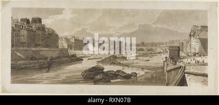 Vue de la ville avec le Louvre, etc., extraite du Pont Marie, à partir d'une sélection de vingt des vues les plus pittoresques de Paris. Thomas Girtin ; anglais, 1775-1802. Date : 1802. Dimensions : 185 x 474 mm (image/plaque) ; 223 x 520 mm (feuille). Sol mou, gravure à l'aquatinte avec, imprimé en noir et gris de l'encre sur vélin crème. Origine : Royaume-Uni. Musée : le Chicago Art Institute. Banque D'Images