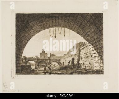 Pont-Neuf et la Samaritaine Vu de dessous la première arche du Pont-au-Change, Paris. Charles Meryon (Français, 1821-1868) ; après Victor Jean NICOLLE (Français, 1754-1826). Date : 1855. Dimensions : 145 × 204 mm (image, y compris des marques) ; 145 × 204 mm (plaque) ; 192 × 244 mm (feuille). Eau-forte en brun foncé sur papier vergé ivoire. Origine : France. Musée : le Chicago Art Institute. Banque D'Images