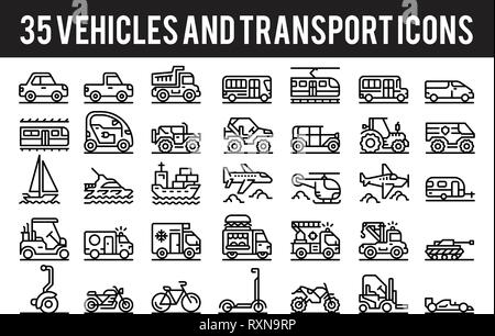 Les grandes lignes de transport et de véhicules 35 icônes signer et de symboles. L'icône parfaite des pixels sur base de 64px Illustration de Vecteur