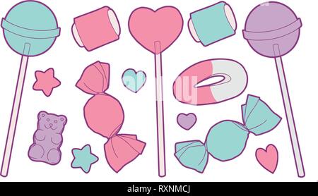 Cute cartoon couleur pastel collection vector set avec différentes sucreries comme des bonbons, des fruits de la gomme, sucettes, cœurs et étoiles Illustration de Vecteur
