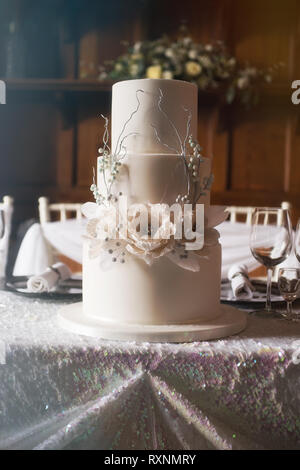 Un thème d'hiver/gothique décoré de conte de table pour un mariage, des cristaux de glace et des roses blanches Banque D'Images