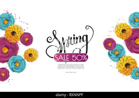 Vente de printemps avec bannière fleurs en papier sur un fond blanc. Illustration de Vecteur