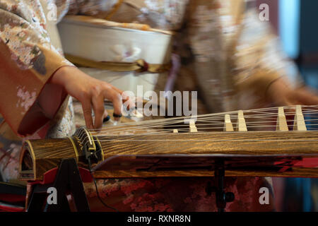 Costume player harpe japonaise Koto Banque D'Images