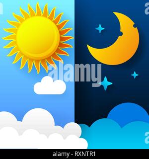 Vector Illustration de jour et nuit. Concept Jour/Nuit, soleil et lune Illustration de Vecteur