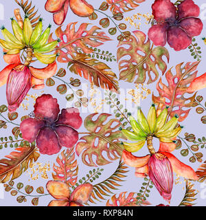 Belle aquarelle avec motif transparent éléments tropicaux de banane, fleur d'hibiscus, feuilles et fleurs de paradis Banque D'Images