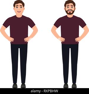 Un homme se tient dans la pose, les mains sur les hanches, un heureux homme barbu ou rasé, un héros, un personnage dans un style cartoon Illustration de Vecteur