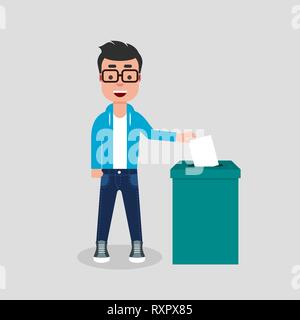 Jeune homme le vote à l'urne. Élections, démocratie, participation, vote, concept. Caractère moderne en jeans et sweat-shirt en souriant. Vector Illustration de Vecteur