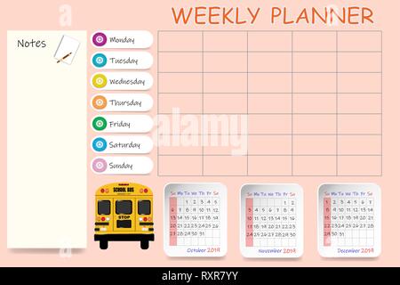 Calendrier scolaire pour le quatrième trimestre de 2019 et l'agenda hebdomadaire en blanc sur fond orange clair. Illustration de Vecteur