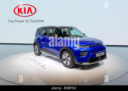 Genève, SUISSE - Le 6 mars 2019 : Kia Soul électrique e-voiture débuts européens au 89e Salon International de l'Automobile de Genève. Banque D'Images