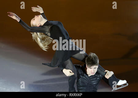 Zagreb, Croatie. Mar 10, 2019. Loicia Demougeot (L) et Theo Le Mercier de France effectuer au cours de la soirée de gala de l'Union Internationale de Patinage du monde juniors de patinage artistique à Zagreb, Croatie, le 10 mars 2019. Credit : Luka Evergreen/Xinhua/Alamy Live News Banque D'Images