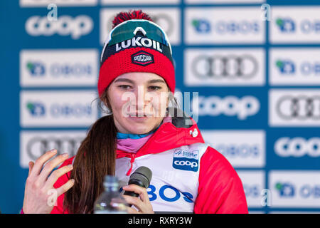 10 mars 2019, Holmenkollen, Oslo, Norvège ; Matières Holmenkollen Air, jour 3 Nepryaeva ; Natalia parle de la Russie au cours de la conférence de presse au Festival de ski la Banque D'Images