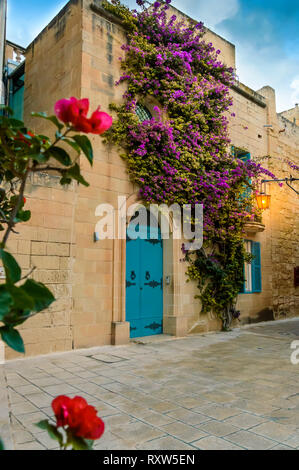 Mdina, Malte : maison traditionnelle maltaise avec portes artistiques, fleurs de bougainvilliers pourpres sur le mur de calcaire et de la lanterne s'allume Banque D'Images