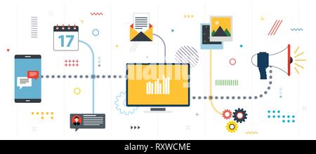 Entreprise de marketing, d'analyse et de stratégie. Publicité et communication marketing dans les réseaux sociaux et les médias sociaux.Template en version plate pour nous Illustration de Vecteur