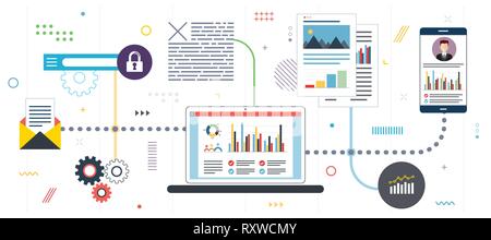 La gestion de projet et l'analyse d'applications. L'analyse des performances, avec des données du smartphone, l'évolution de l'application. Modèle en version plate pour interdire web Illustration de Vecteur