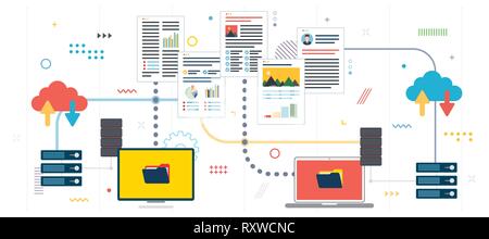 Le partage et le transfert de documents et de données. Transférer des données entre ordinateur et ordinateur portable. La sauvegarde des données et réseau informatique. Modèle en version plate pour Illustration de Vecteur