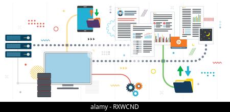 L'envoi et la réception de données de cloud computing. Sauvegarde des données et l'accès à l'ordinateur réseau. Modèle en version plate pour les bandeaux web ou en infographie Illustration de Vecteur