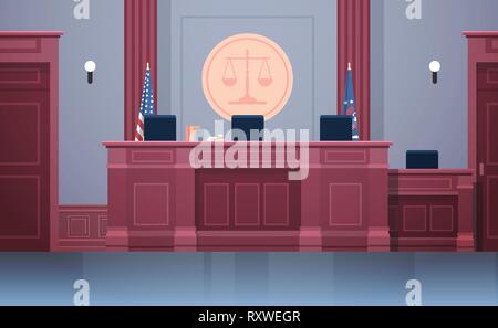 Salle d'audience vide avec des chaises et une table de travail juge au palais de justice de l'intérieur moderne et la jurisprudence horizontale concept Illustration de Vecteur