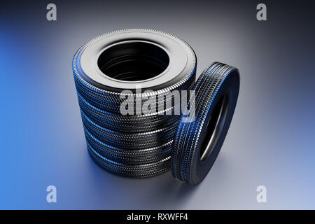 De nouveaux pneus d'hiver avec une bande de roulement moderne sur le fond noir. Le rendu 3D de l'image en haute résolution. Banque D'Images