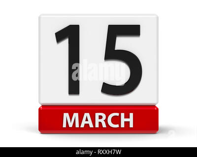 L'icône calendrier rouge et blanc à partir de cubes - 15 mars - sur un tableau blanc - Journée mondiale des droits des consommateurs et de la Journée internationale d'action pour la Banque D'Images