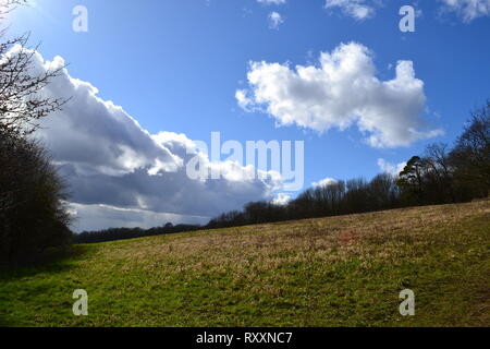 Un lumineux, les averses au début du printemps en mars 2019 à jour, Chevening Kent, en Angleterre, dans les North Downs près de Sevenoaks avec cumulus et Green Hills Banque D'Images