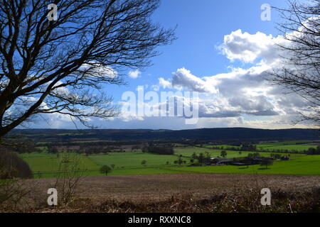 Un lumineux, les averses au début du printemps en mars 2019 à jour, Chevening Kent, en Angleterre, dans les North Downs près de Sevenoaks avec cumulus et Green Hills Banque D'Images