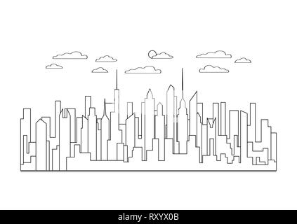 Fine ligne icône paysage de ville. Panorama urbain de conception ville moderne avec des gratte-ciel, les bâtiments, le ciel, les nuages. Stile art de la ligne de fond abstrait, lin Illustration de Vecteur