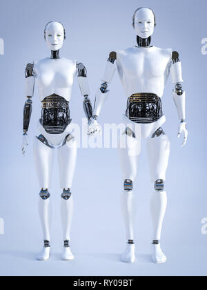 Le rendu 3D d'un homme et une femme debout à côté de l'autre robot et tenir la main. Amour futuriste concept. Banque D'Images