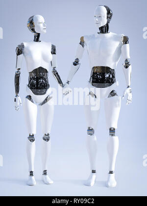 Le rendu 3D d'un homme et une femme debout à côté de l'autre robot et tenir la main, à la recherche à l'autre. Amour futuriste concept. Banque D'Images