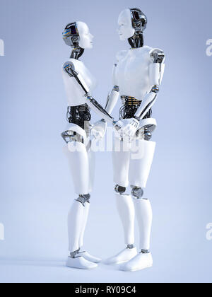 Le rendu 3D d'un homme et une femme robot debout face à l'autre et se tenir la main, se regardant et souriant. Amour futuriste concept. Banque D'Images