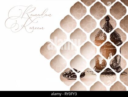 La fenêtre de l'arabe. Illustration de la main et la plaque de lanterne marocaine date avec des fruits. Dîner d'iftar. Illustration vecteur artistique. Carte de souhaits Illustration de Vecteur