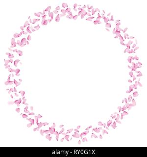 Cercle des pétales élément de décoration sur fond blanc isolé. Rose doux pièces florales dans le vent en forme ronde. Conception de logo ou bannière de printemps Illustration de Vecteur