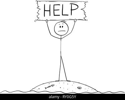 Caricature de l'homme sur la Petite île Castaway Holding Help Sign Illustration de Vecteur