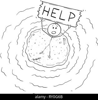 Caricature de Vue aérienne de l'homme sur la Petite île Castaway Holding Help Sign Illustration de Vecteur