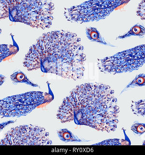 Paons debout avec fermé et ouvert, des plumes de queue, palette bleue transparente, design pattern, peinte à l'aquarelle illustration, fond blanc Banque D'Images