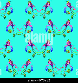 Hummingbird assis sur fleur rose, transparente , pattern design, illustration aquarelle peinte à la main, fond vert Banque D'Images