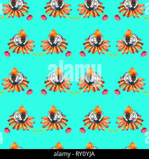 Hummingbird assis sur fleur rose, transparente pattern design, illustration aquarelle peinte à la main, fond vert Banque D'Images