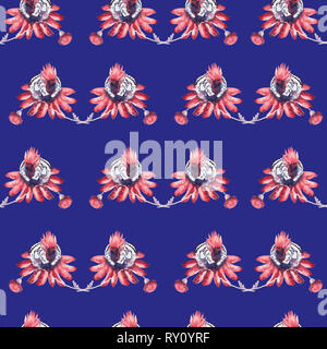 Hummingbird assis sur fleur rose, pattern design transparente, peinte à l'aquarelle illustration, fond bleu Banque D'Images