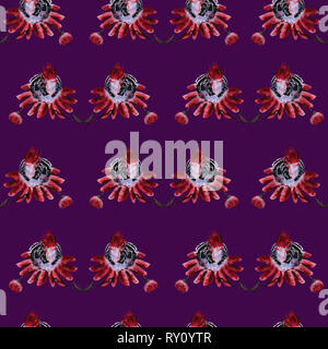 Hummingbird assis sur fleur rose transparente, dessin, illustration, aquarelle peinte à la main fond violet Banque D'Images