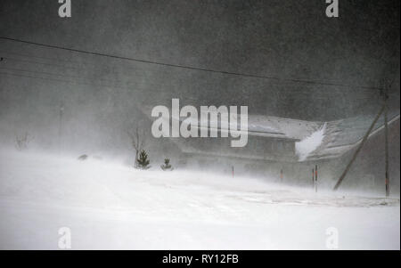 Au 93, l'Allemagne. Mar 11, 2019. La neige est soufflé sur le paysage par de violentes rafales de vent en face d'une ferme. Credit : Karl-Josef Opim/dpa/Alamy Live News Banque D'Images