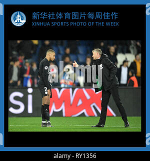 Beijing, la France. Mar 6, 2019. Ole Gunnar Solskjaer (R), gestionnaire intérimaire du Manchester United, accueille Kylian Mbappe du Paris Saint-Germain après la Ligue des Champions Tour de 16 deuxième match de jambe entre le Paris Saint-Germain et Manchester United au Parc des Princes à Paris, France, le 6 mars 2019. Manchester United a battu Paris Saint-Germain avec 3-1 le mercredi (3-3 sur l'ensemble) et est qualifié pour la Ligue des Champions quarts de finale sur les buts à l'extérieur. Crédit : Jack Chan/Xinhua/Alamy Live News Banque D'Images